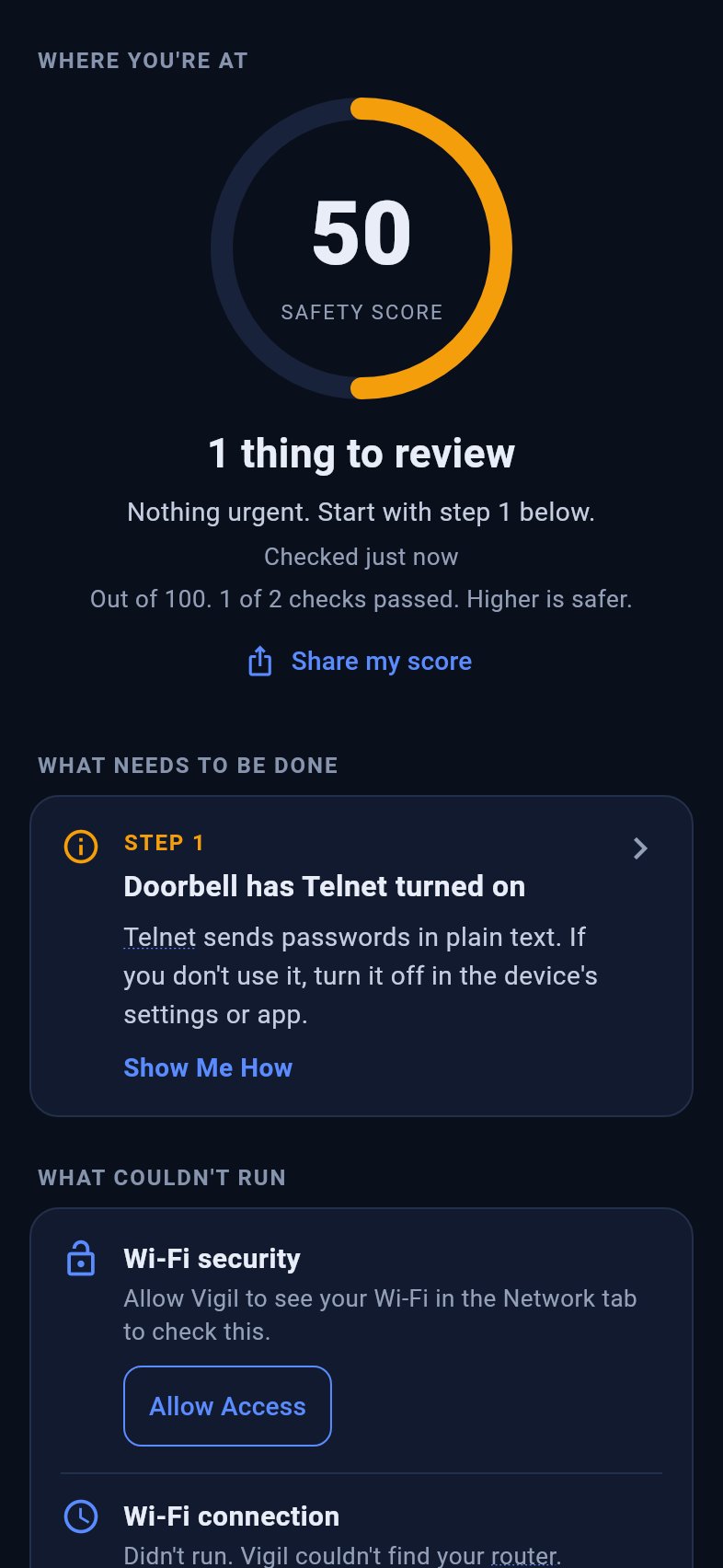 Checkup results showing the safety score, step 1 to fix, and a check that couldn't run with an Allow Access button