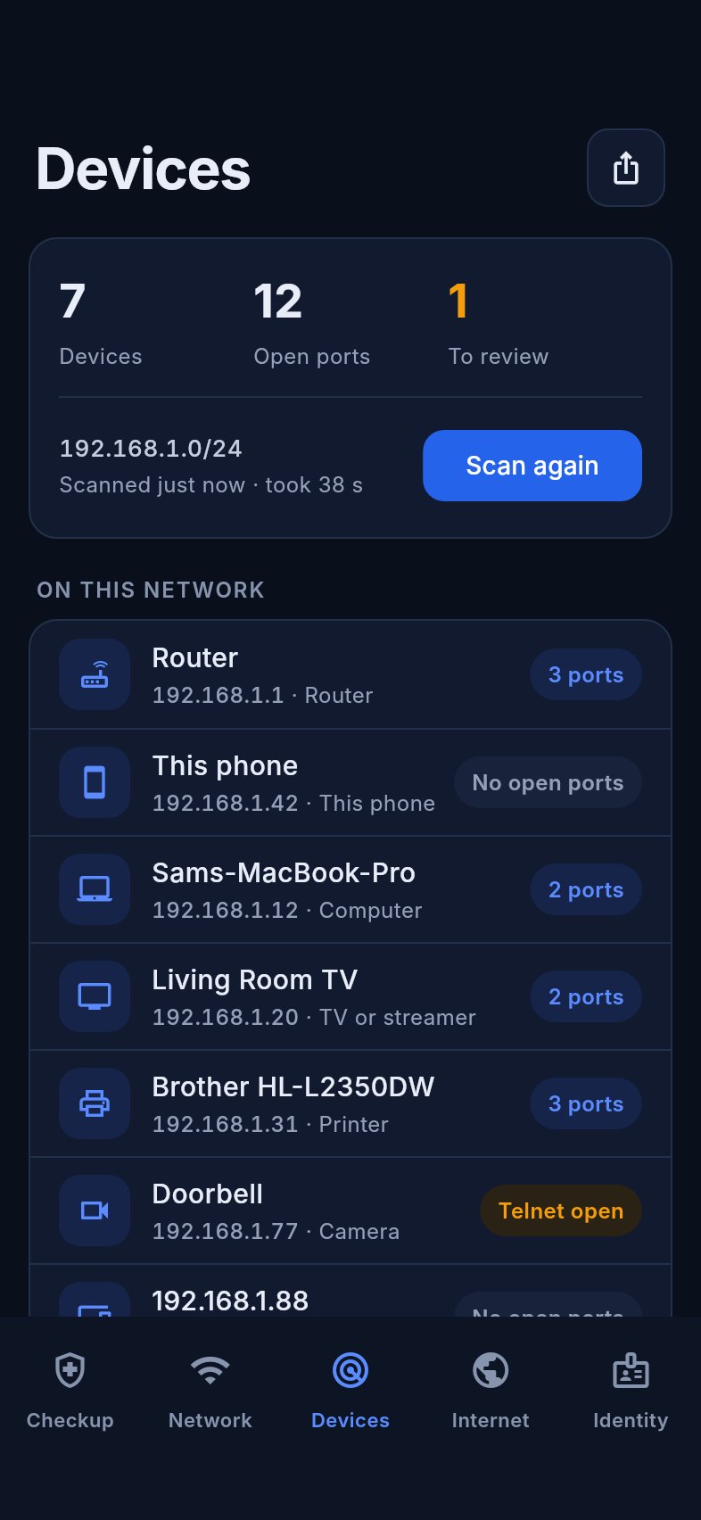 Vigil's list of devices on the network