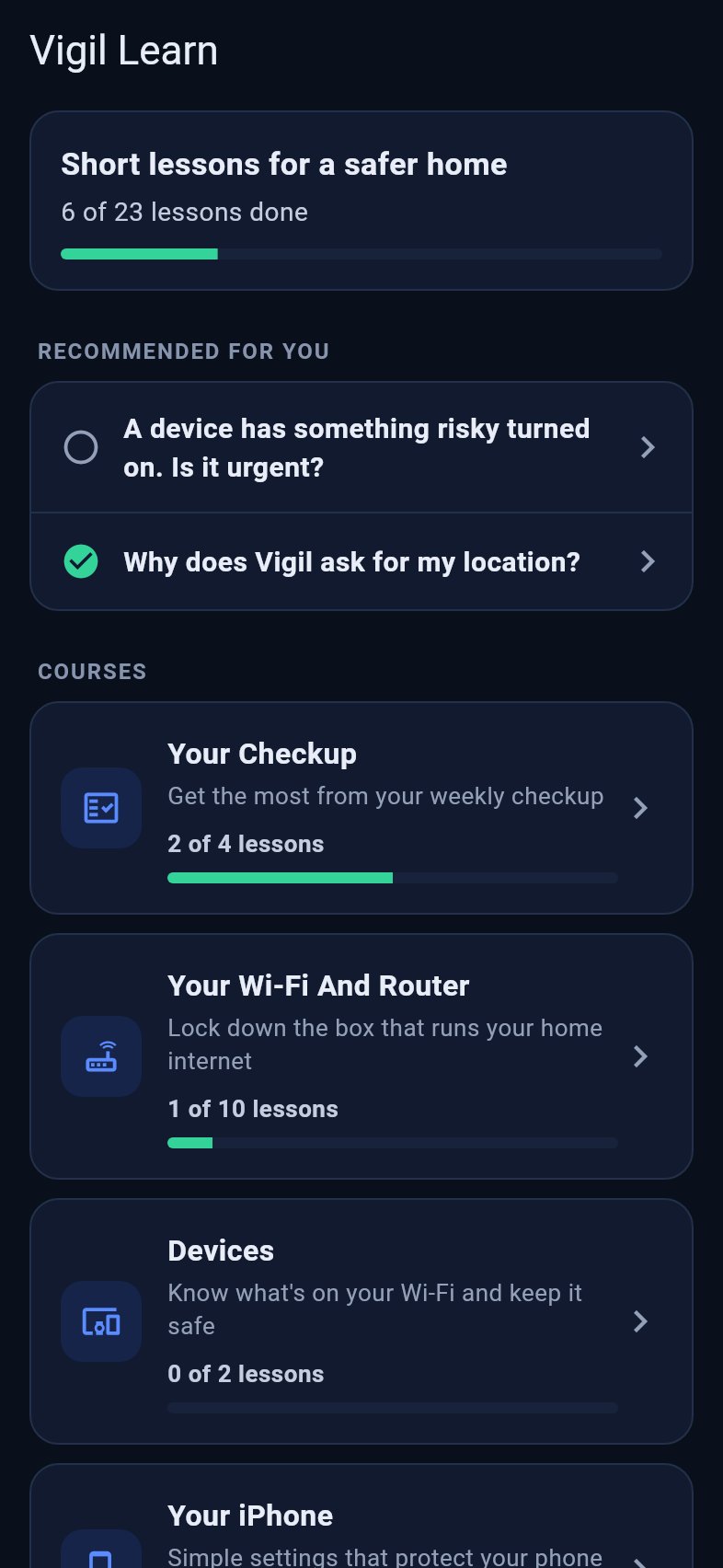 Vigil Learn showing lesson progress, lessons recommended from the checkup, and courses