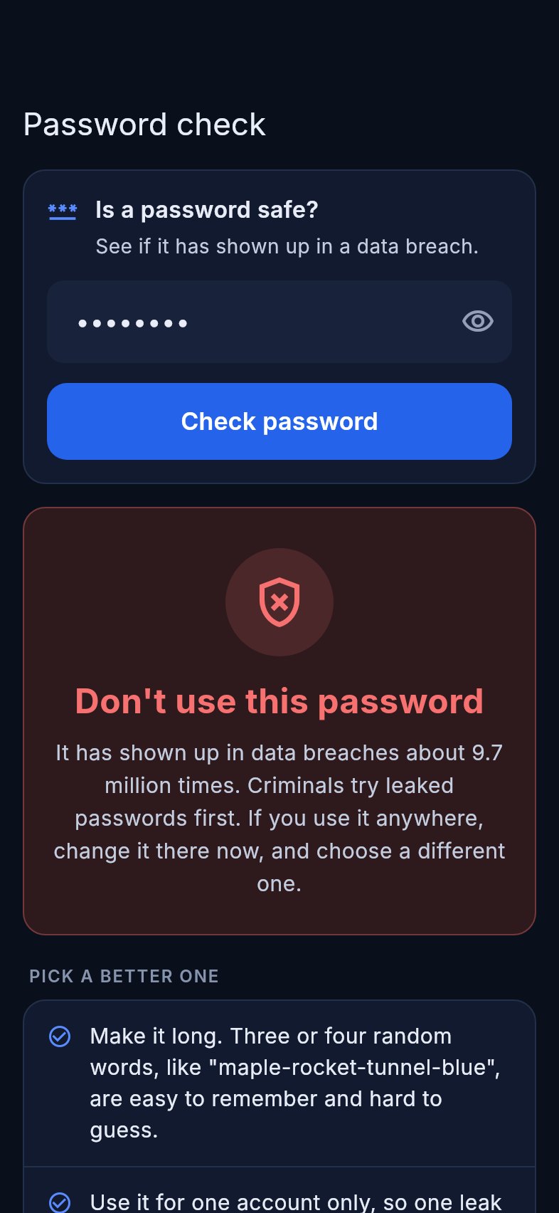 Vigil's password check showing a leaked password warning