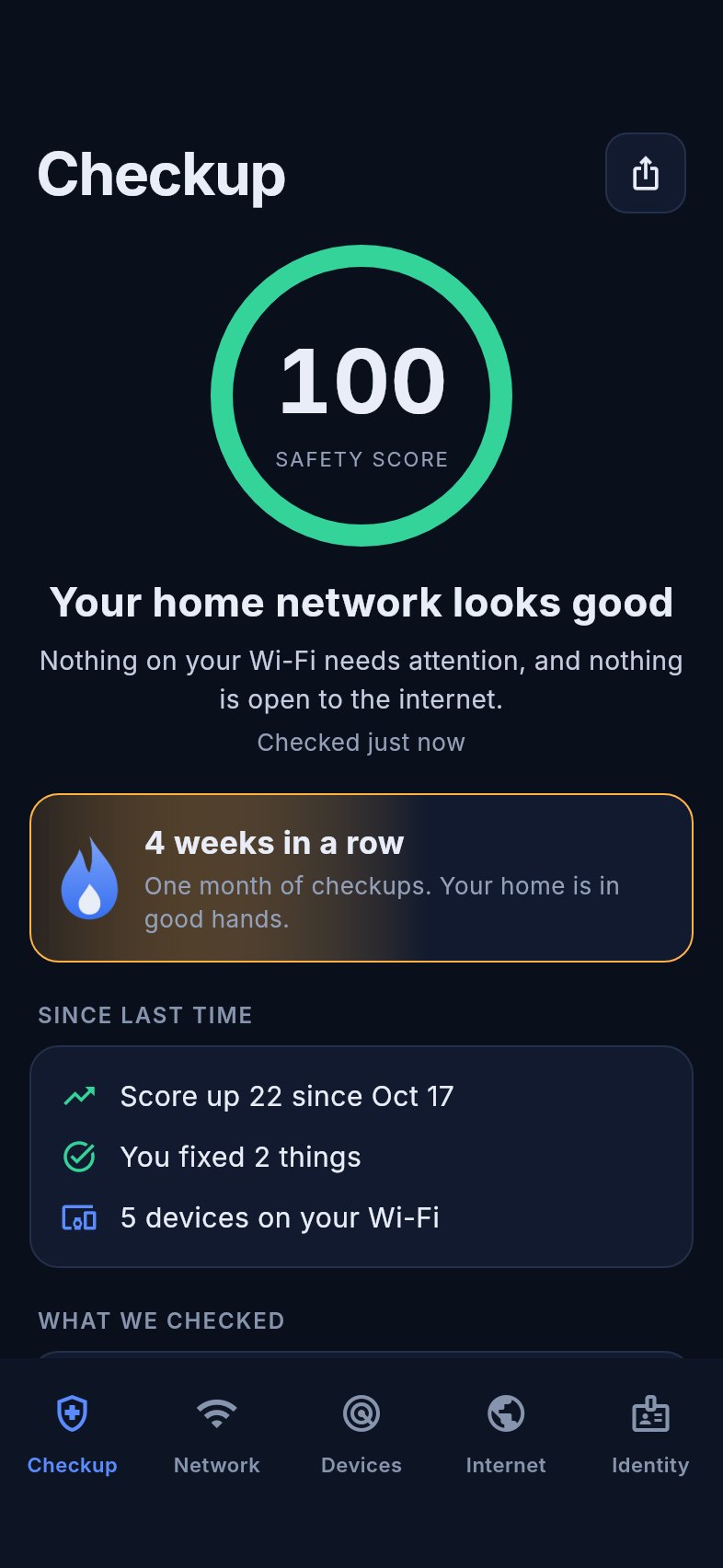 Weekly summary with a safety score of 100, a 4-week streak and what changed since last time